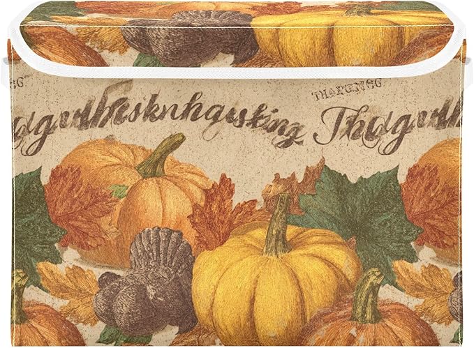 Collapsible Storage Bins with Lids Decorative Fabric Storage Cubes Closet Organizer and Storage Basket Boxes Containers for Clothes Box Chest Nursery Folding Rectangle Brown Pumpkin Turkey