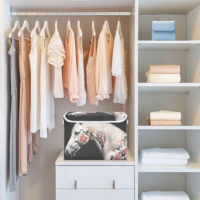 AIXIWAWA Lidded Storage Cube (Horse with Painting) Fabric Foldable Closet Bins with Flip Lid and Handles Organizer Basket Container 16.5 x 12.6 x 11.8 IN