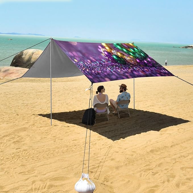Mardi Gras Carnival Glowing Beach Tent Sun Shelter Set UPF50+ UV Protection 10.5 x 9.19 FT Camping Shade Canopy with Sandbags Sand Anchors Carrying Bag and Others
