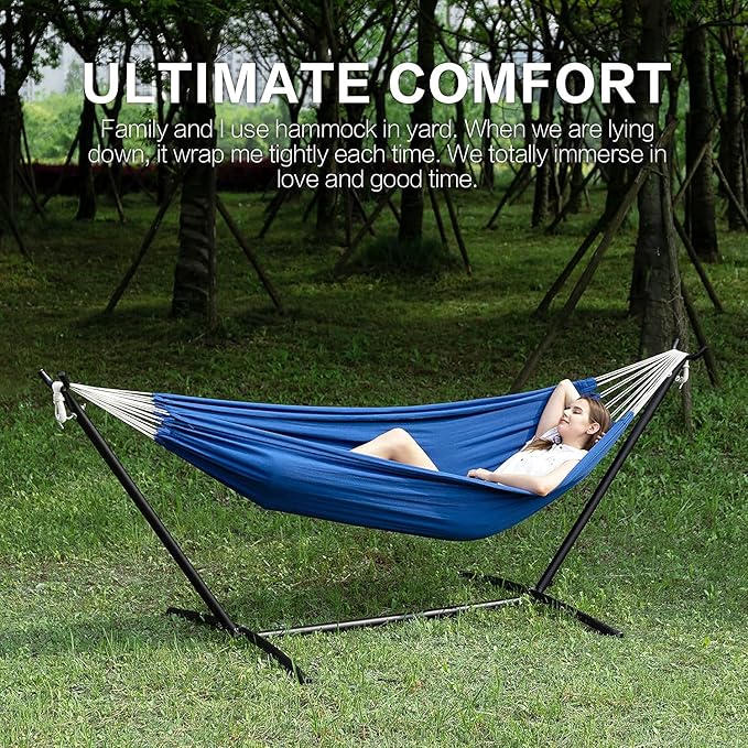 PNAEUT Double Hammocks with Stand for Outside Portable Space Saving Heavy-Duty Steel Stand for Indoor Outdoor Patio with Carrying Bag 450 lbs Capacity (Navy)