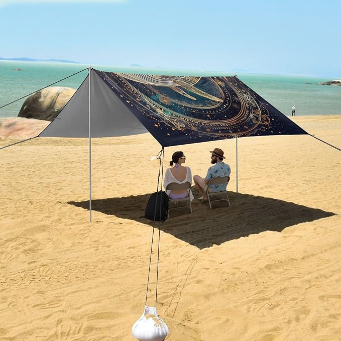 ALAZA Golden Whale Mandala Beach Tent Sun Shelter UPF50+ Protection Beach Shade Canopy w/ 4 Sandbags for Outdoor Camping Fishing Backyard Fun Picnic 10x9 ft