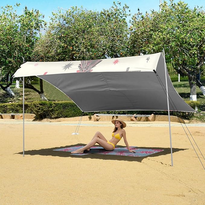 Beach Canopy with Windproof Ropes &amp Sandbags Beach Tent Sun Shade Sun Shelter for Camping Trips Fishing Backyard Fun or Picnics Pine Tree