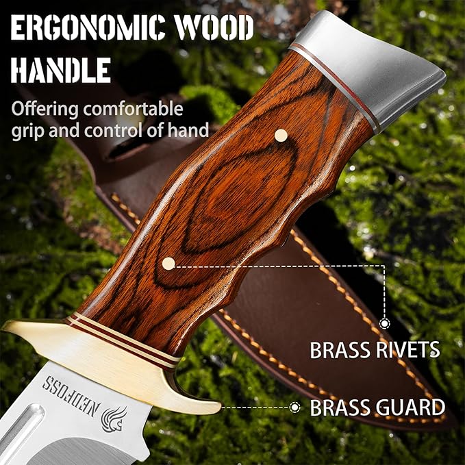NedFoss SA78 Fixed Blade Knife 12 Inch Wood Handle Bowie Hunting Knife with Leather Sheath for Camping Hiking Survival Bushcraft Knife Gifts for Men Birthday Valentine's Day Christmas