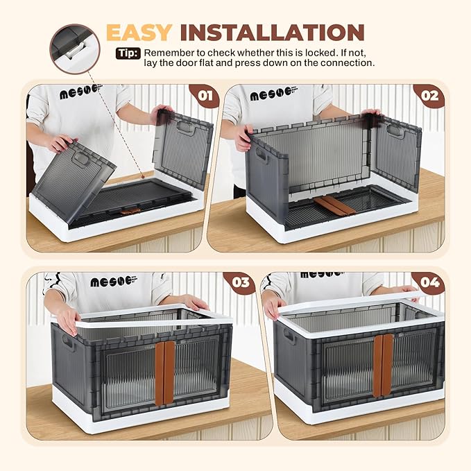 3 Pack 8.4 Gallon Collapsible Storage Boxes Lidded Storage Box with Door and Wheels for Books Towels and Clothes Folding Storage Box for Home White