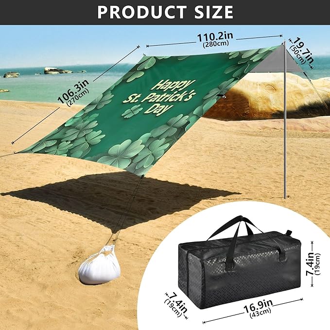St. Patrick's Day Beach Canopy Sun Shelter with Sandbags &amp Sand Shovel &amp Windproof Ropes - Portable 110x126 Beach Shade Beach Tent for Camping Picnics
