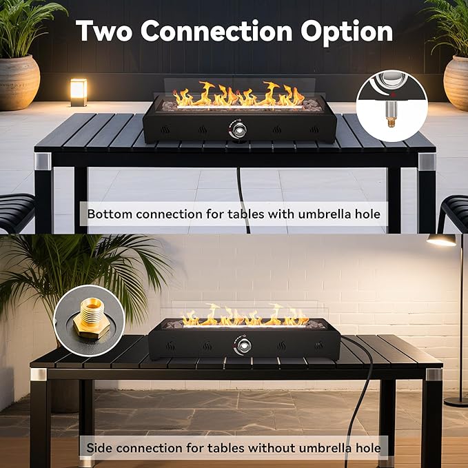Onlyfire 28'' Tabletop Fire Pit Table Propane Gas Firepit Bottom Mounted for Table with Umbrella Hole Glass Wind Guard and Lava Rock Outdoor Rectangular Smokeless Fireplace