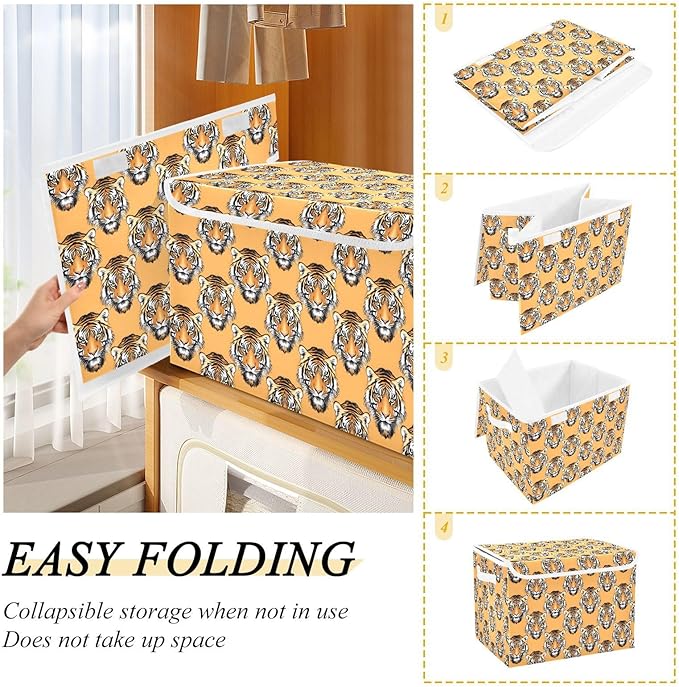 MNSRUU Containers Baskets with Lids Tiger Faces Foldable Storage Bins Organizer with Lid Collapsible Storage Boxes for Home Bedroom Closet Office
