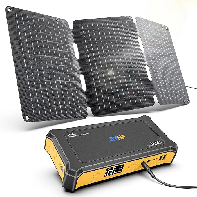 JIYHF Portable Power Station 99.9Wh with Foldable Solar Panel 30W Laptop Charger &amp Backup Power with 65W USB-C PD 100W AC Outlet 12V DC Output LED Light for Camping Home Backup Emergency RV