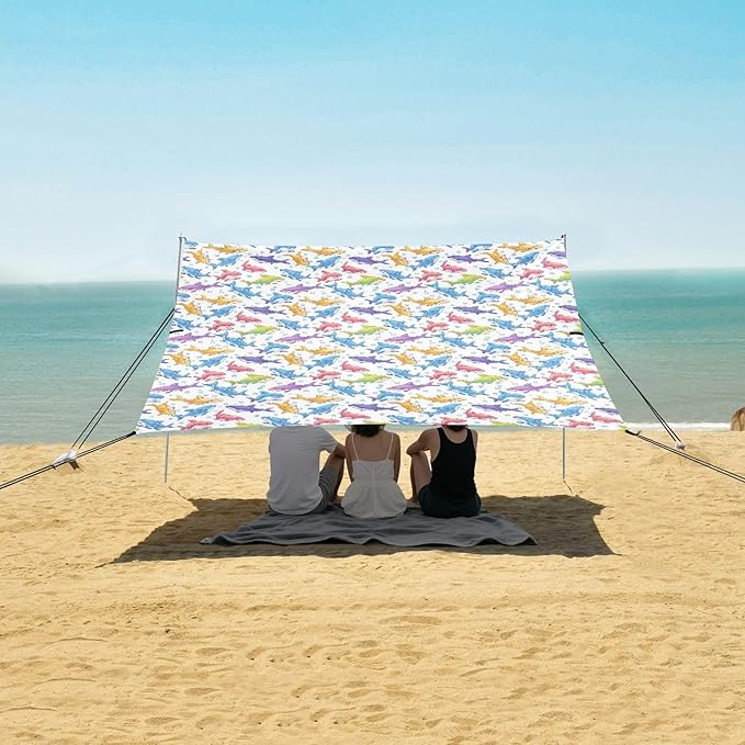 ALAZA Cute Shark Bubble Rainbow Color Beach Tent Sun Shelter UPF50+ Protection Beach Shade Canopy w/ 4 Sandbags for Outdoor Camping Fishing Backyard Fun Picnic 10x9 ft