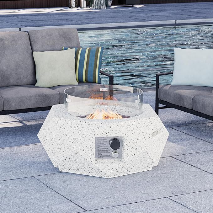 HOMPUS Hexagon Fire Pit Table Outdoor Propane Fire Pit Table w Free Lava Rocks &amp Rain Cover Terrazzo Colorful Fire Pit w Wind Guard for Patio Outside