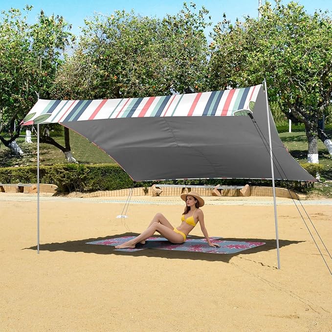 Frog and Stripes Beach Tent Sun Shelter Set UPF50+ UV Protection 10.5 x 9.19 FT Camping Shade Canopy with Sandbags Sand Anchors Carrying Bag and Others