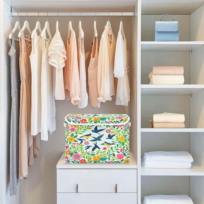 Storage Bins With Lid Stackable Fabric Closet Organizer Clothing Storage Large Boxes For Closet Shelves Bedroom Birds Plants Green