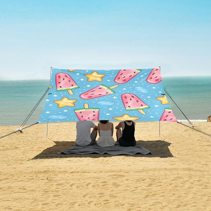 ALAZA Watermelon Popsicles Stars Ice Cubes Pattern Beach Tent Sun Shelter Portable Canopy Sunshade for Outdoor Camping Picnics Backyard Fun 10x9 ft