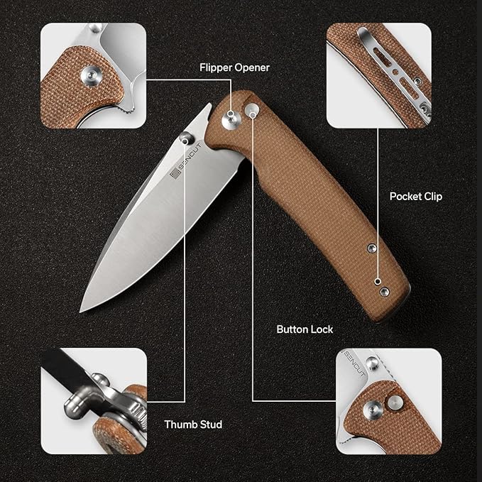 SENCUT Sachse Pocket Knife Folding Knife for EDC Brown Micarta Handle Satin 9Cr18MoV Blade Foldable Small Knife with Clip Button Lock Everyday Carry Knife for Men Women Indoor Outdoor Gift S21007-3