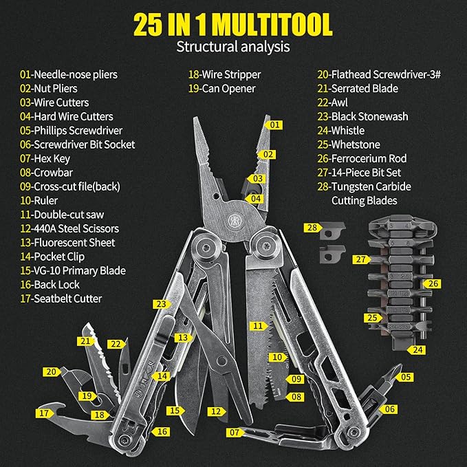 25-in-1 MultitoolPliers with VG10 Steel &amp 14 Screwdriver Bits Stainless Steel Multi Tool for Camping Outdoor Survival Home Repair – Gift for Men &amp Dad