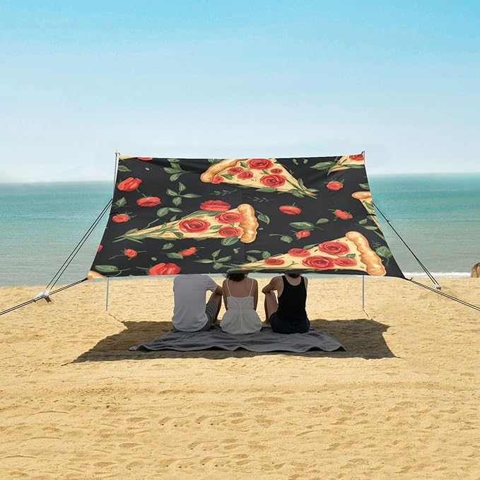 ALAZA Pizza Slice Rose on Black Beach Tent Sun Shelter Portable Canopy Sunshade for Outdoor Camping Picnics Backyard Fun 10x9 ft