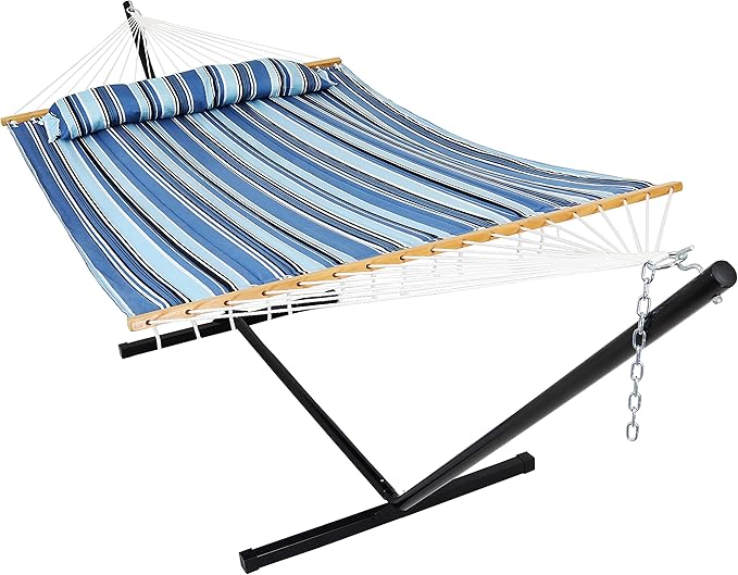 Sunnydaze Quilted Double Hammock with Stand for Outside - 350-Pound Capacity 2-Person Hammock with Stand - 12-Foot Stand - Misty Beach