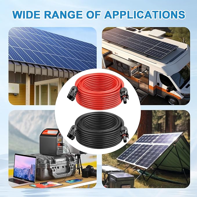 MOOKEERF Solar Panel Extension Cable - 12AWG 50FT Solar Wire with Female &amp Male Waterproof Connector PV Wire for RV Photovoltaic Systems Home Boat Solar Panels Car(50FT Red + 50FT Black)