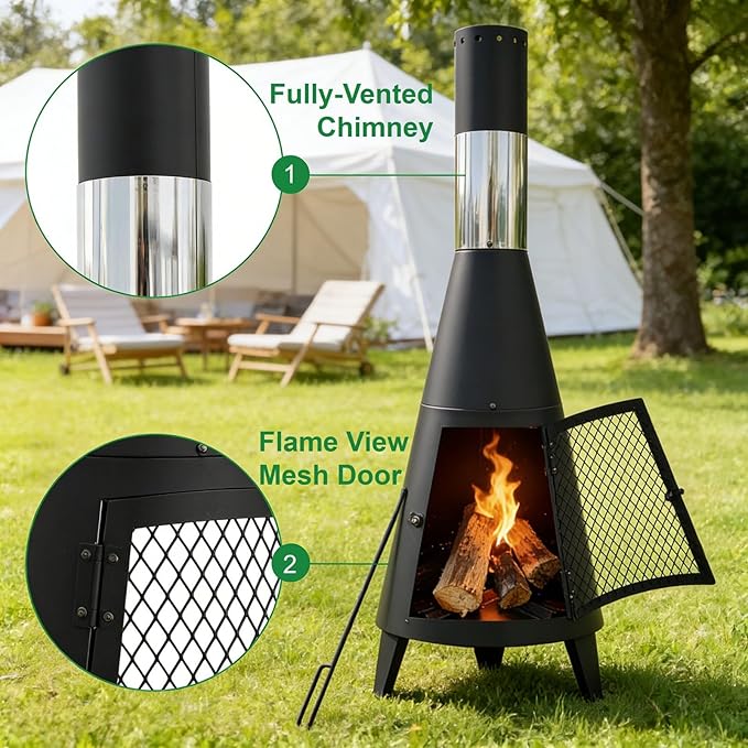 Chiminea Outdoor Fireplace for Patio with Fire Mat and Poker 3.6ft Small Chimneas Portable for Backyard Deck Camping and Beach chiminea fire Pit