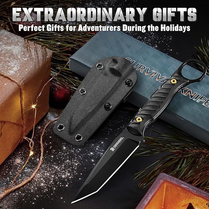 Tanto Fixed Blade Knife - Full Tang Survival Knives for Bushcraft Camping Knives with Sheath Black Knives Forged from a Single Piece of D2 Steel Ideal Gift for Men