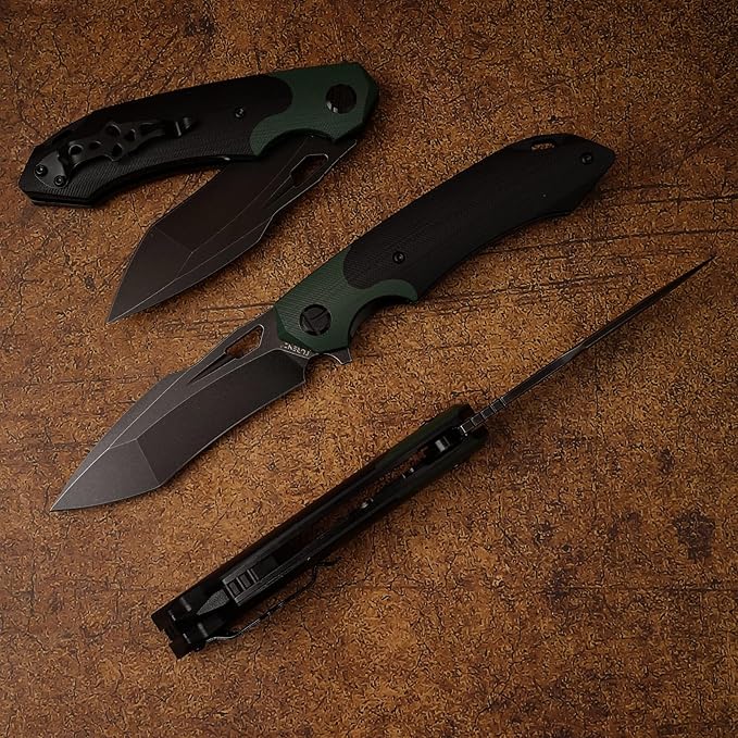 D2 Steel Folding Knife - 9CM Black Tactical Blade G10 Handle Pocket Clip - EDC Camping Survival Hunting - 60-61HRC Vacuum Heat Treated Stonewash Finish