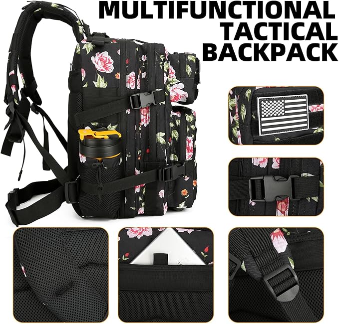 Lovelinks21 25L Tactical Military Backpack Small Travel Rucksack for Men and Women Assault Pack Bug Out Bag Molle Daypack Gym Backpack with Bottle Holder (Peony)
