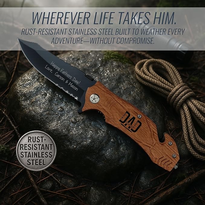 Craft &amp Clan Personalized Pocket Knife for Men with Clip | Laser Engraved Dad Design Folding Utility Knife Tactical Switchblade for Camping Hunting Rescue | Custom Birthday Gift for Daddy Husb