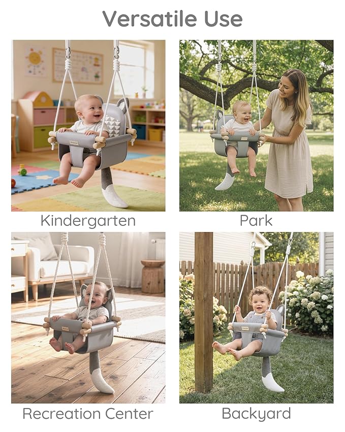 Wooden Hanging Baby Swing with Soft Safety Belt Cozy Infant Swing Seat for Indoor &amp Outdoor Use Adjustable Height Includes Mounting Hardware – Suitable for Babies &amp Toddlers（Fox-Themed in G