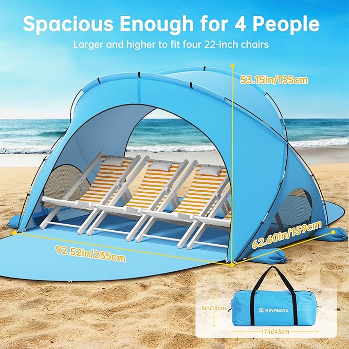 Raynesys Beach Tent Sun Shelter Sun Shelter for 1-4 Person Beach Shade Tent Beaches Shade with 2 Zippered Doors Portable Tents for Camping Fishing Blue