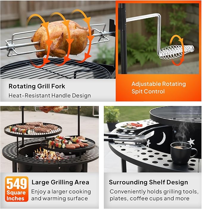 ROVSUN Upgrated 33'' Outdoor Fire Pit with 2 Grills Grill with Side Shelves Wood Burning Round Firepit with Swivel Cooking Grate Removable Swivel Grill for Backyard Patio Picnic BBQ and Parties
