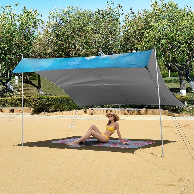 ALAZA Yak Snow Mountain Beach Tent Sun Shelter UPF50+ Protection Beach Shade Canopy w/ 4 Sandbags for Outdoor Camping Fishing Backyard Fun Picnic 10x9 ft