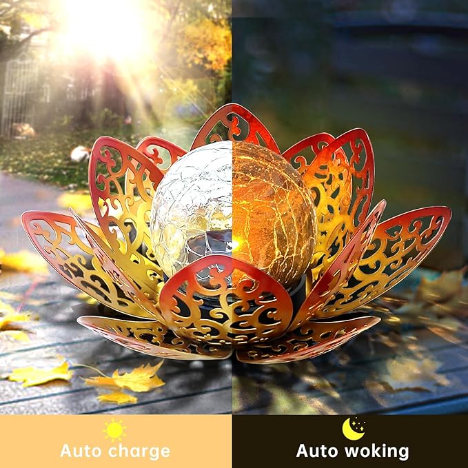 3 Pack Solar Lights Outdoor Garden 6.3  Glass Lotus Lamp Waterproof LED Metal Flower Lights Outdoor Garden Table Decor for Outside Balcony Patio Deck Porch Walkway