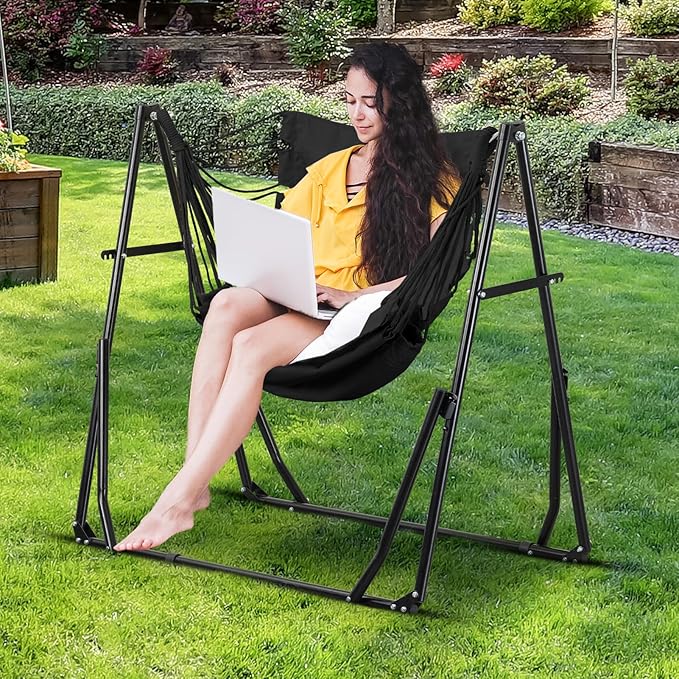 2 in 1 Hammock with Stand Outdoor Hammock Swing Chair with Portable Heavy Duty Stand Multi-Functional Hammock Stand 480 lbs Weight Capacit-Black