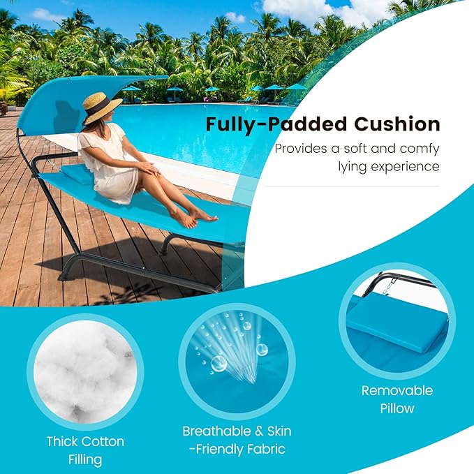 Tangkula Hammock with Stand Included Heavy Duty Outdoor Hammock with Adjustable Canopy Rustproof Metal Stand Pillow Storage Pocket Hammock Bed with Stand for Backyard Lawn Poolside (Blue)