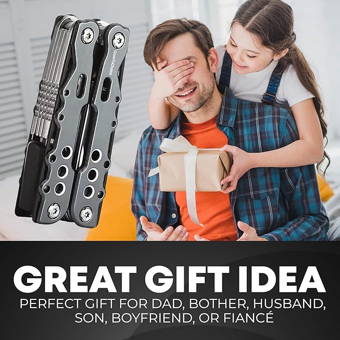 14-In-1 Multitool Pliers Pocket Knife Stainless Steel Great Camping Accessories - Camping Multi Tool Gifts for Men with Portable Belt Holder Nylon Pouch and Safety Locking Survival Tools