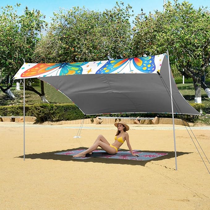 xigua Butterflies Beach Tent Sun Shelter with Carrying Bag - Silver Coated Oxford Fabric Beach Canopy for Beach Camping Fishing - Includes Windproof Ropes Sandbags &amp Stakes