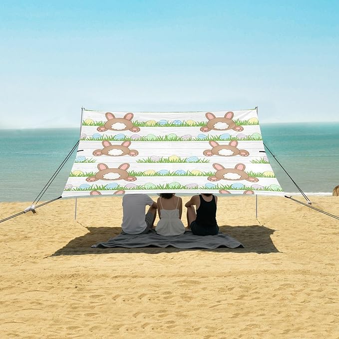 Beach Canopy with Windproof Ropes &amp Sandbags Beach Tent Sun Shade Sun Shelter for Camping Trips Fishing Backyard Fun or Picnics Easter Rabbit