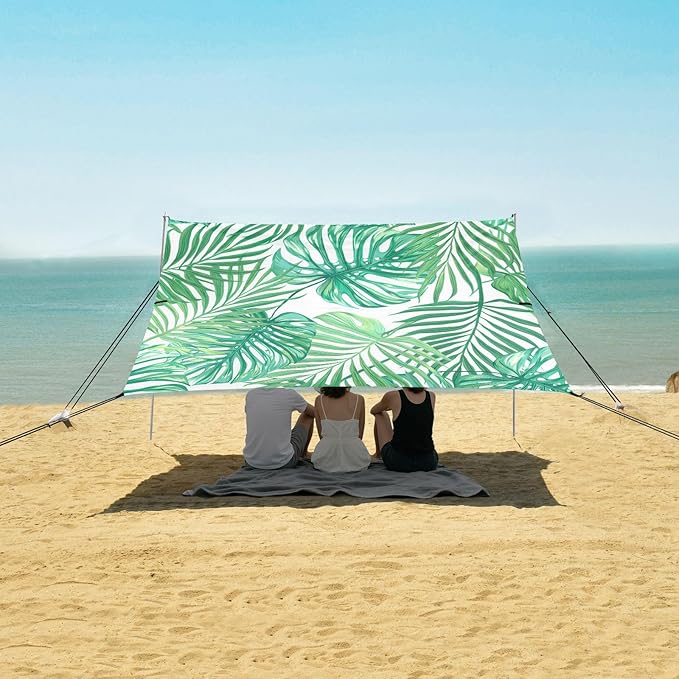 xigua Leaf Beach Tent Sun Shelter with Carrying Bag - Silver Coated Oxford Fabric Beach Canopy for Beach Camping Fishing - Includes Windproof Ropes Sandbags &amp Stakes