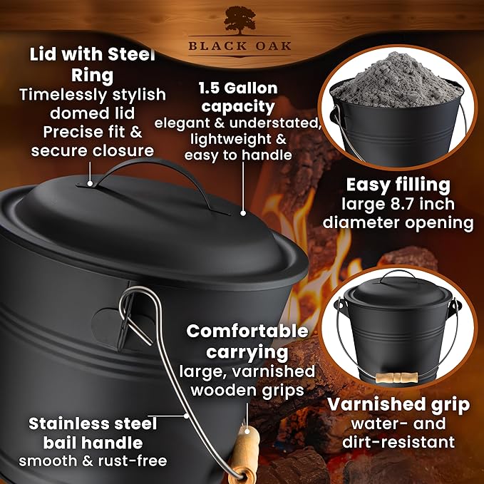 BLACK OAK Ash Bucket Piton 1.5 GAL - Black with lid with Wooden Handle + Brush + Shovel &amp Gloves - 5L Large Steel Fireproof Galvanized &amp Powder-Coated Bucket ash Coal pellets Timeless Design