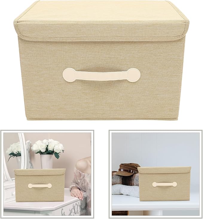 Large Foldable Storage Bin with Lid Washable Oxford Fabric Organizer Box Khaki Fabric Storage Basket for Home