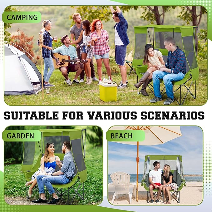 Teenyyou Double Camping Chair with Canopy Shade 660lbs Heavy Duty Beach Chair Portable Folding 2 Person Camping Loveseat with Cup Holder and Storage Bag for Lawn Beach Outdoor Sport(Geen and Grey)