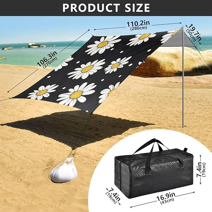 ALAZA Hand Drawn Daisy with Dots Doodle Beach Tent Sun Shelter Portable Canopy Sunshade for Outdoor Camping Picnics Backyard Fun 10x9 ft
