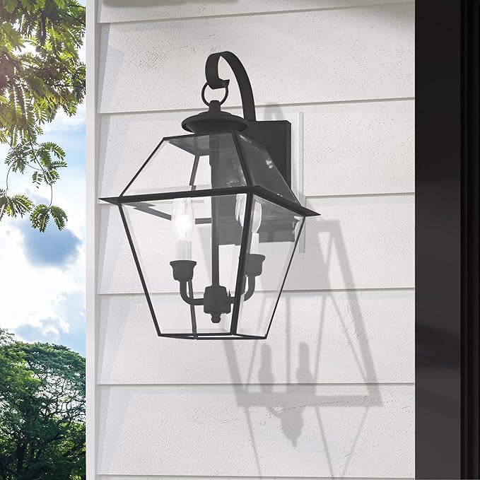 Livex Lighting 2281-04 Westover 2 Light Outdoor Black Finish Solid Brass Wall Lantern with Clear Beveled Glass