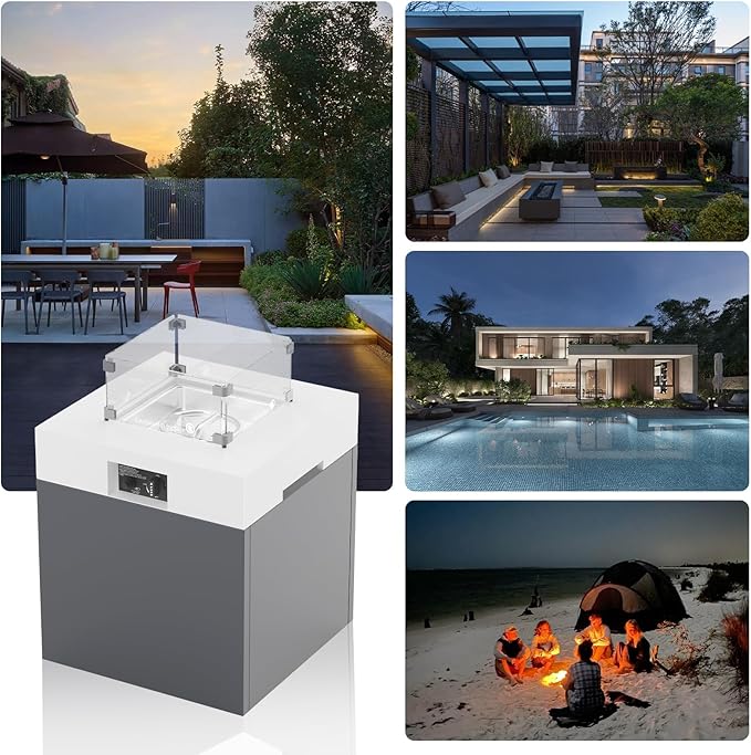 22 Aluminum Propane Fire Pit Table 37000 BTU Outdoor Gas Firepit with Lid Glass Wind Guard Waterproof Cover &amp Glass Stones for Patio Deck Garden 3-in-1 Tabletop DesignWhite