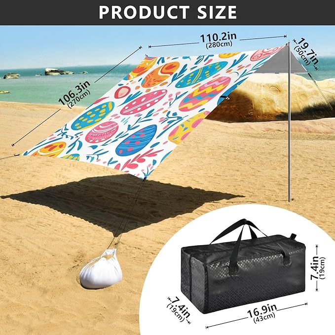 ALAZA Colorful Easter Egg Leave Happy Easter Beach Tent Sun Shelter Portable Canopy Sunshade for Outdoor Camping Picnics Backyard Fun 10x9 ft