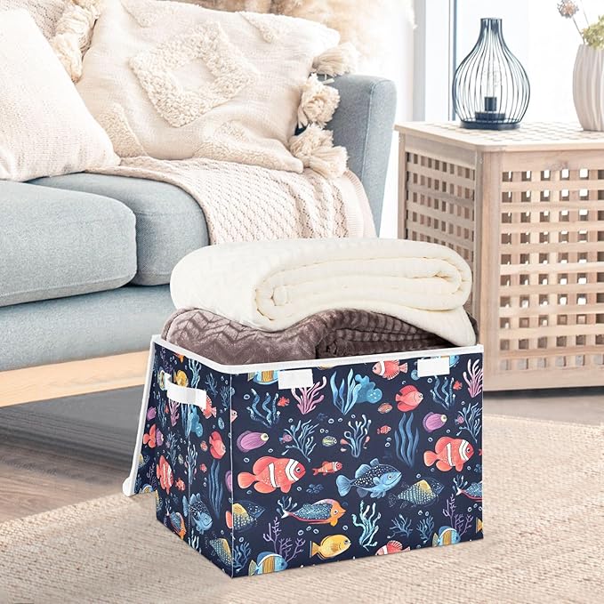 Fish and Coral Storage Cube Bins Basket with Lid Collapsible Flip-top Fabric with Handle for Home Bedroom Closet Office 16.5×12.6×11.8 in