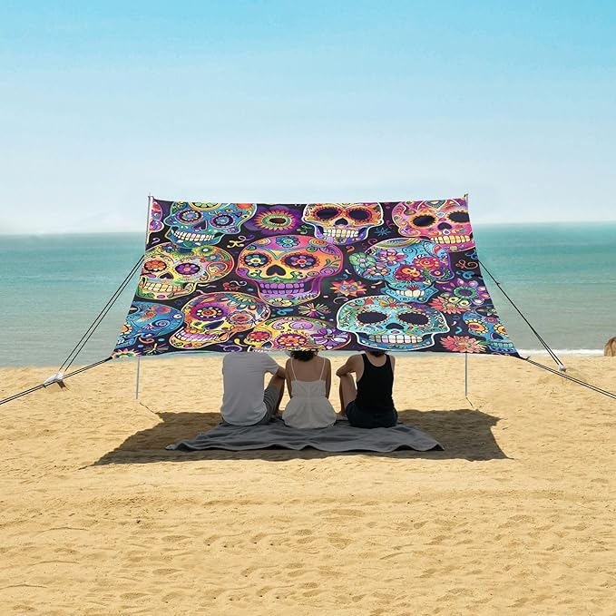 ALAZA Sugar Skulls Day of Dead Beach Tent Sun Shelter UPF50+ Protection Beach Shade Canopy w/ 4 Sandbags for Outdoor Camping Fishing Backyard Fun Picnic 10x9 ft