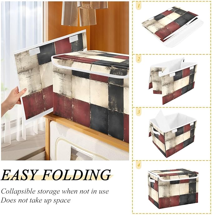 AIXIWAWA Lidded Storage Cube (Vintage Checkered) Fabric Foldable Closet Bins with Flip Lid and Handles Organizer Basket Container 16.5 x 12.6 x 11.8 IN