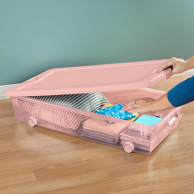 Sterilite 8 Pack Wheeled Under Bed Storage Container 56 Qt Plastic Bin w/Latching Lid for Organization - Clothes &amp Shoes Organizer Pearl Blush Tint