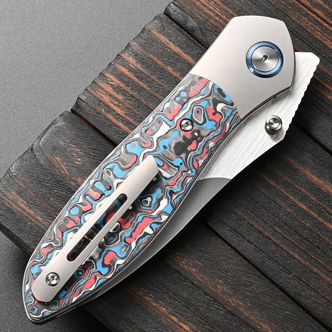 Sitivien ST273 Folding Knife S90V Steel Blade Titanium &amp Carbon Fiber Handle Knife with Pocket Clip for Outdoor Camping Hiking Survival Hunting (Blue+Red)